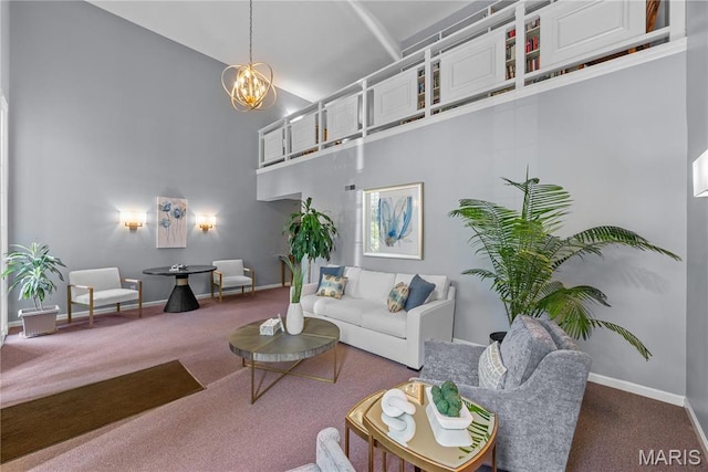 526 Sarah Ln Unit 27, Saint Louis, MO 63141 - living area featuring a high ceiling, carpet flooring, a chandelier, and baseboards