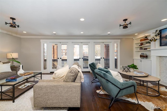 122 N Central Ave Unit A, Saint Louis, MO 63105 - living room featuring healthy amount of natural light, french doors, crown molding, hardwood / wood-style floors, and recessed lighting