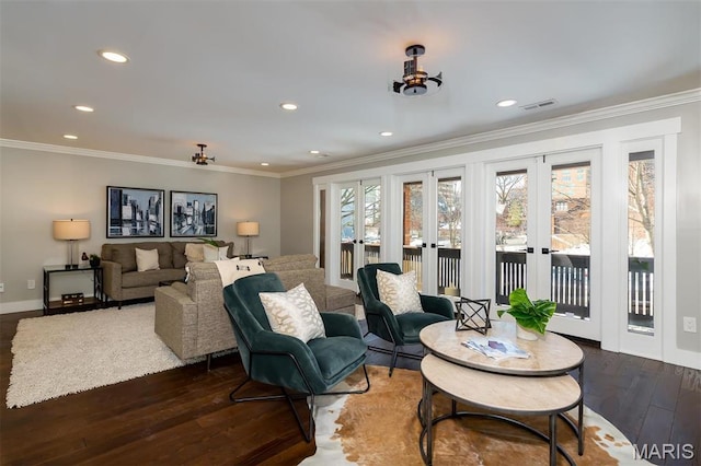 122 N Central Ave Unit A, Saint Louis, MO 63105 - living room featuring hardwood / wood-style floors, crown molding, recessed lighting, baseboards, and french doors