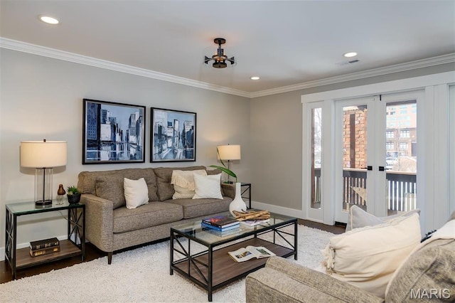 122 N Central Ave Unit A, Saint Louis, MO 63105 - living room featuring baseboards, ornamental molding, wood finished floors, recessed lighting, and french doors