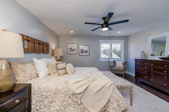 122 N Central Ave Unit A, Saint Louis, MO 63105 - bedroom with dark wood-type flooring, a ceiling fan, recessed lighting, and baseboards