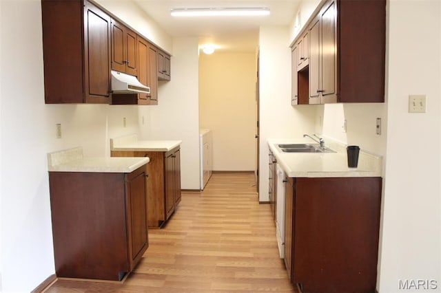1530 Springlet Ct Unit 32, Florissant, MO 63033 - kitchen with under cabinet range hood, a sink, light wood-style flooring, independent washer and dryer, and baseboards