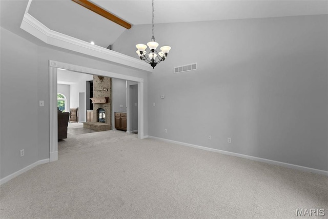 220 Cuivre Point Ln, Moscow Mills, MO 63362 - spare room featuring a chandelier, beam ceiling, light colored carpet, baseboards, and high vaulted ceiling