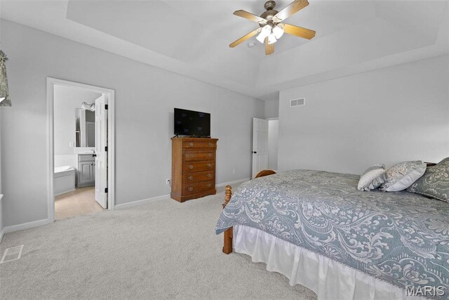 220 Cuivre Point Ln, Moscow Mills, MO 63362 - bedroom with carpet floors, a raised ceiling, baseboards, and ceiling fan