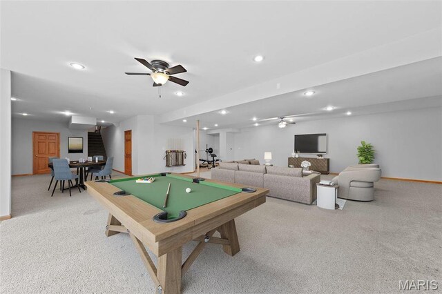 220 Cuivre Point Ln, Moscow Mills, MO 63362 - playroom featuring billiards, ceiling fan, carpet flooring, and recessed lighting