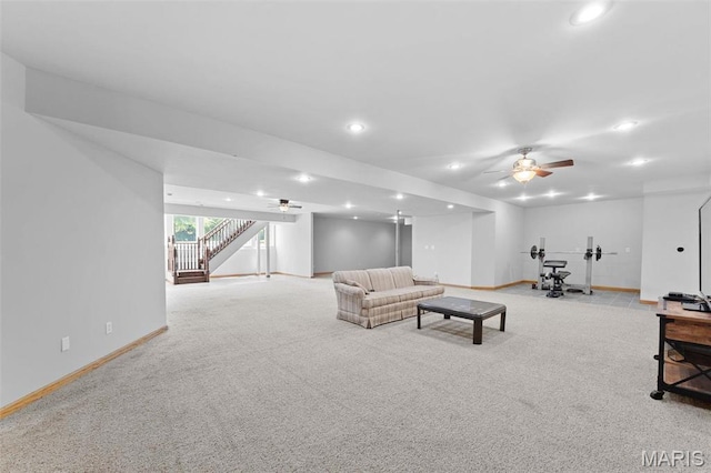 220 Cuivre Point Ln, Moscow Mills, MO 63362 - carpeted living area featuring a ceiling fan, baseboards, recessed lighting, and stairs