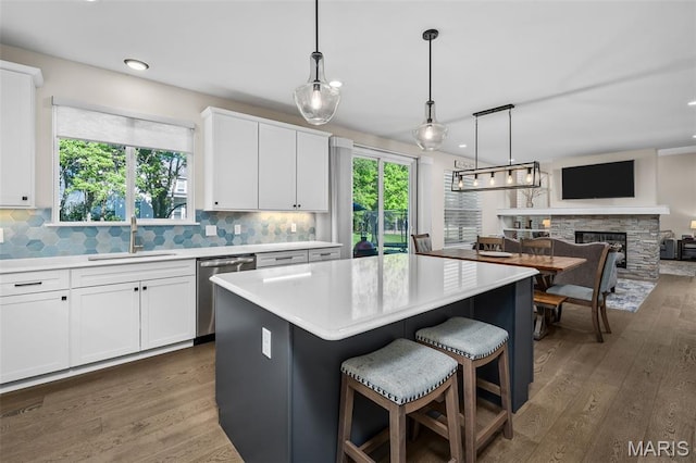 207 Castle Stuart Ct, Dardenne Prairie, MO 63368 - kitchen featuring a sink, stainless steel dishwasher, wood finished floors, light countertops, and white cabinetry