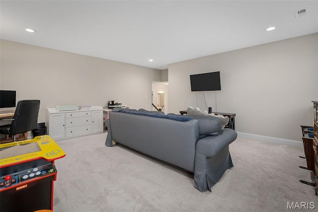207 Castle Stuart Ct, Dardenne Prairie, MO 63368 - living area featuring light carpet, recessed lighting, an office area, and baseboards