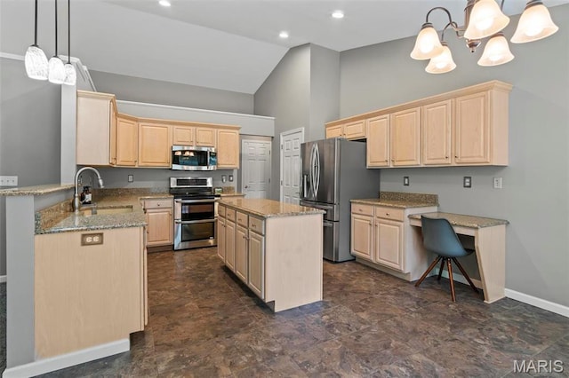 kitchen with appliances with stainless steel finishes, a sink, light brown cabinetry, high vaulted ceiling, and a chandelier