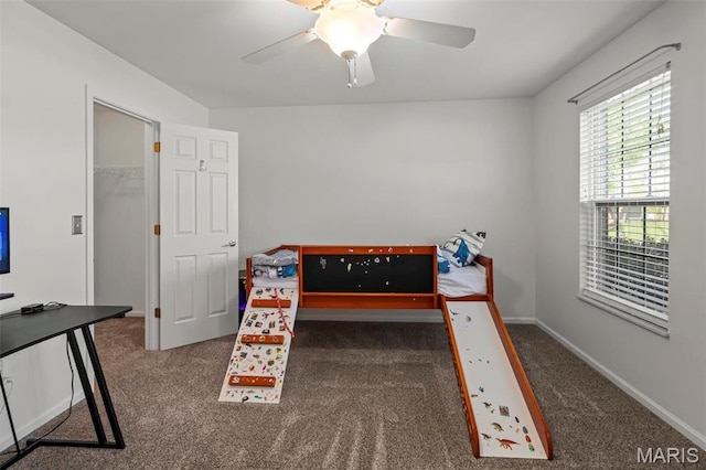 bedroom with carpet, a spacious closet, ceiling fan, and baseboards