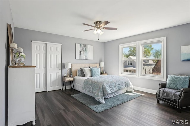 5327 W Ave, Saint Louis, MO 63116 - bedroom featuring dark wood finished floors, a closet, baseboards, and ceiling fan