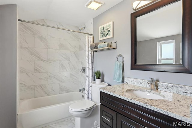 5327 W Ave, Saint Louis, MO 63116 - full bathroom with marble look tiles, toilet, shower / bath combo with shower curtain, vanity, and lofted ceiling
