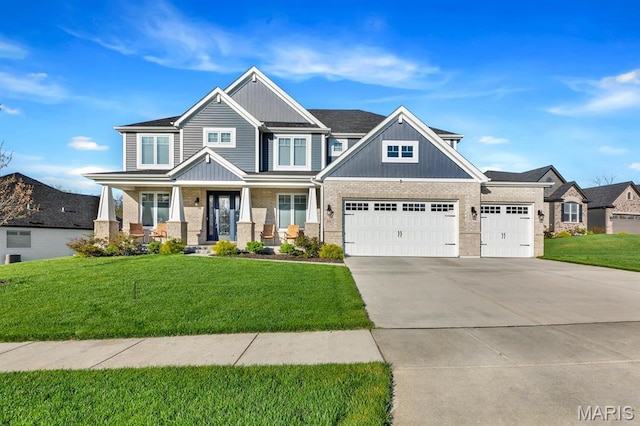 craftsman house featuring concrete driveway, an attached garage, covered porch, and a front lawn