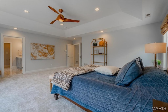734 Fuhrmann Ter, Glendale, MO 63122 - bedroom featuring light carpet, recessed lighting, a tray ceiling, ceiling fan, and baseboards