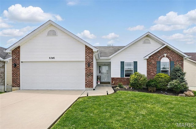6346 Twin Springs Blvd, Cedar Hill, MO 63016 - ranch-style home with brick siding, concrete driveway, a front yard, and a garage