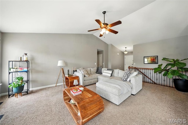 6346 Twin Springs Blvd, Cedar Hill, MO 63016 - living room with carpet, ceiling fan, vaulted ceiling, and baseboards