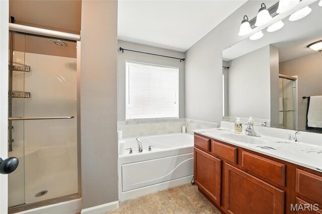 6346 Twin Springs Blvd, Cedar Hill, MO 63016 - bathroom featuring a stall shower, a garden tub, and vanity