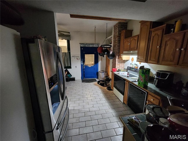 420 E 9th St, Alton, IL 62002 - kitchen featuring range with electric stovetop, stainless steel refrigerator with ice dispenser, under cabinet range hood, dishwasher, and tile patterned floors