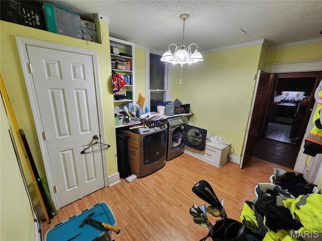420 E 9th St, Alton, IL 62002 - office area featuring washer and clothes dryer, crown molding, light wood finished floors, a chandelier, and a textured ceiling