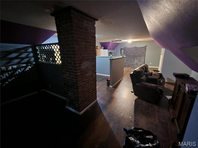 420 E 9th St, Alton, IL 62002 - home theater room with wood finished floors, a textured ceiling, lofted ceiling, and baseboards
