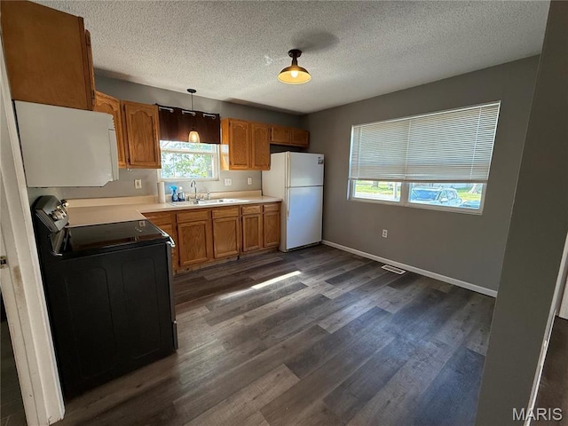 kitchen featuring white appliances, plenty of natural light, dark wood-style flooring, a textured ceiling, and a sink