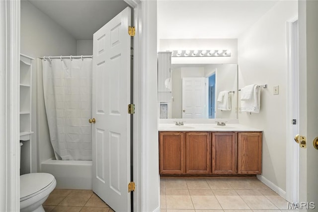 16816 Hickory Trails Ln, Wildwood, MO 63011 - full bathroom with tile patterned floors, double vanity, toilet, baseboards, and shower / bathtub combination with curtain