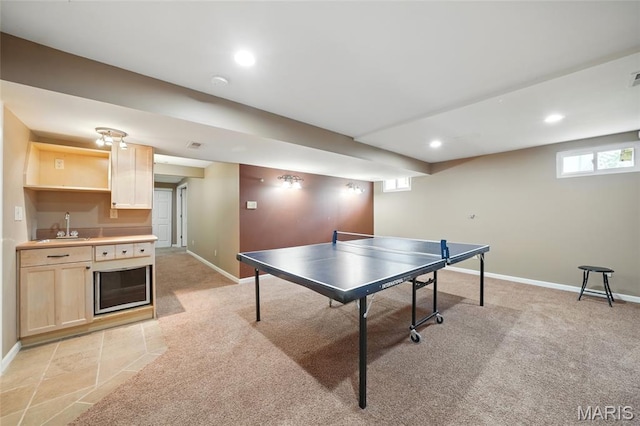 16816 Hickory Trails Ln, Wildwood, MO 63011 - recreation room with baseboards, light colored carpet, recessed lighting, and bar