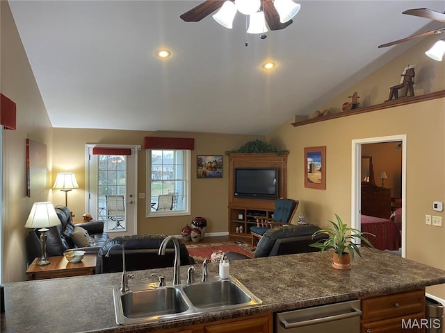 7 Chester Rd, Hannibal, MO 63401 - kitchen featuring a ceiling fan, a sink, lofted ceiling, open floor plan, and dark countertops