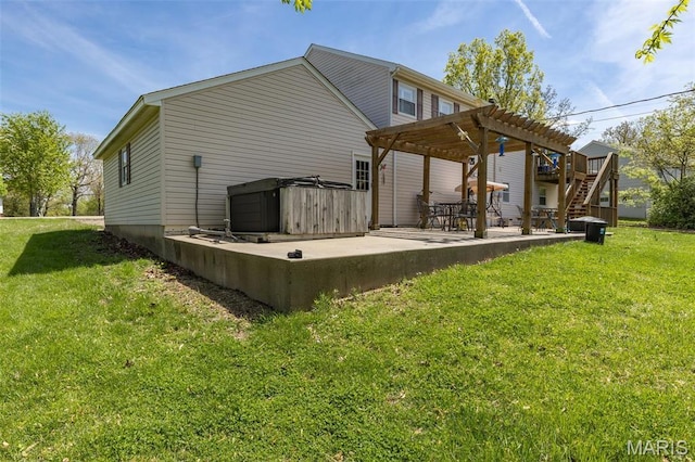 809 Cottage Rd, Bonne Terre, MO 63628 - rear view of property featuring a pergola, a patio, a lawn, and a hot tub