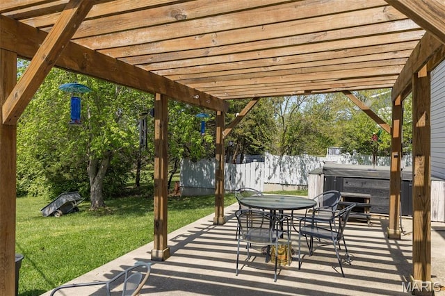 809 Cottage Rd, Bonne Terre, MO 63628 - view of patio / terrace with a hot tub, a pergola, and outdoor dining space