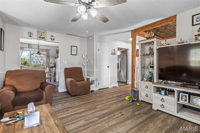 809 Cottage Rd, Bonne Terre, MO 63628 - living room with wood finished floors, ceiling fan, a textured ceiling, and baseboards