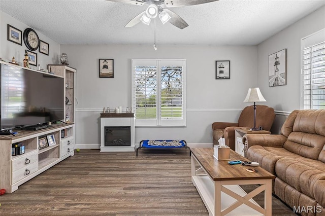 809 Cottage Rd, Bonne Terre, MO 63628 - living area with a textured ceiling, a ceiling fan, dark wood-style flooring, healthy amount of natural light, and a glass covered fireplace