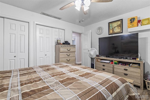 809 Cottage Rd, Bonne Terre, MO 63628 - bedroom featuring two closets, a textured ceiling, and ceiling fan