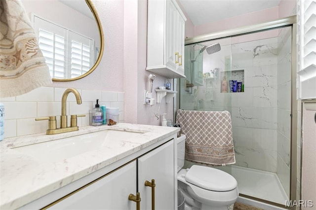 809 Cottage Rd, Bonne Terre, MO 63628 - full bath featuring toilet, a shower stall, vanity, and backsplash