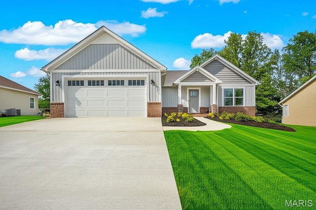craftsman inspired home featuring brick siding, board and batten siding, and a front yard