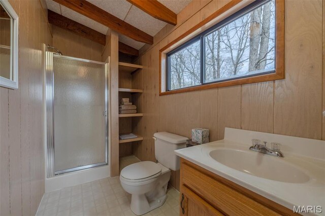 1556 Bliss Lake Dr, Innsbrook, MO 63390 - bathroom featuring beam ceiling, a shower stall, toilet, vanity, and wooden walls
