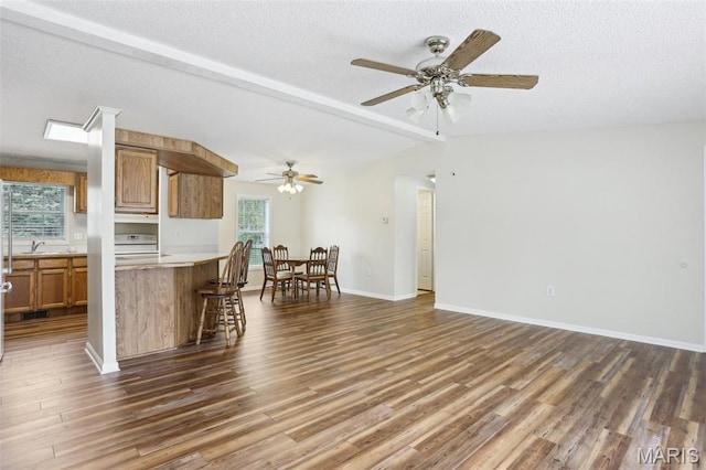 21839 Dove Ln, Carlyle, IL 62231 - kitchen featuring brown cabinetry, range, a kitchen bar, healthy amount of natural light, and a textured ceiling