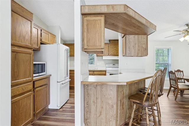21839 Dove Ln, Carlyle, IL 62231 - kitchen featuring range, freestanding refrigerator, dark wood finished floors, a breakfast bar area, and a ceiling fan
