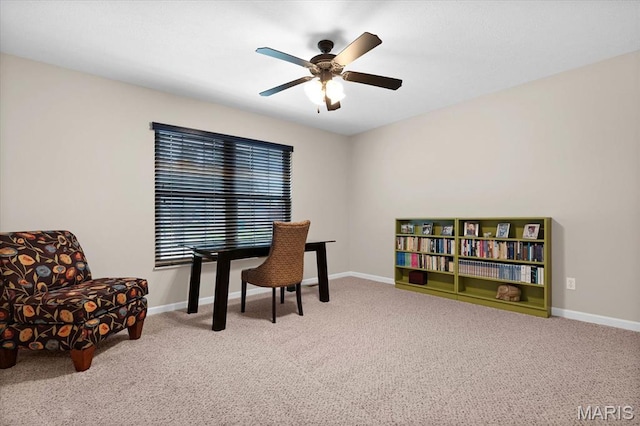office with carpet flooring, a ceiling fan, and baseboards