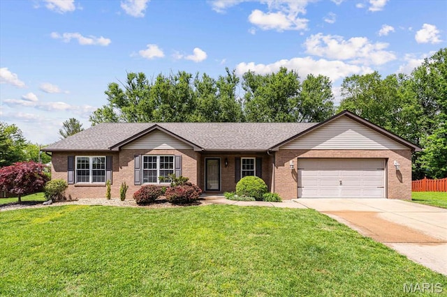 ranch-style house with brick siding, an attached garage, driveway, and roof with shingles