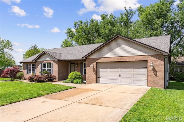 single story home featuring a garage, a front yard, concrete driveway, and brick siding