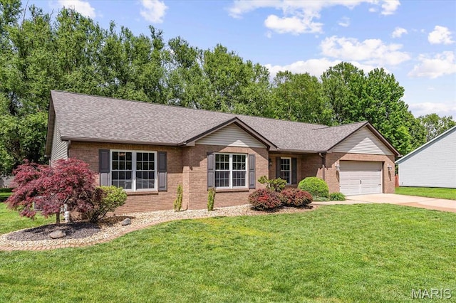 single story home featuring brick siding, concrete driveway, an attached garage, and a shingled roof