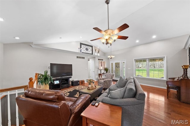 living area with ceiling fan, wood finished floors, recessed lighting, baseboards, and high vaulted ceiling