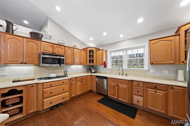 kitchen featuring appliances with stainless steel finishes, a sink, glass insert cabinets, dark wood-style floors, and light countertops