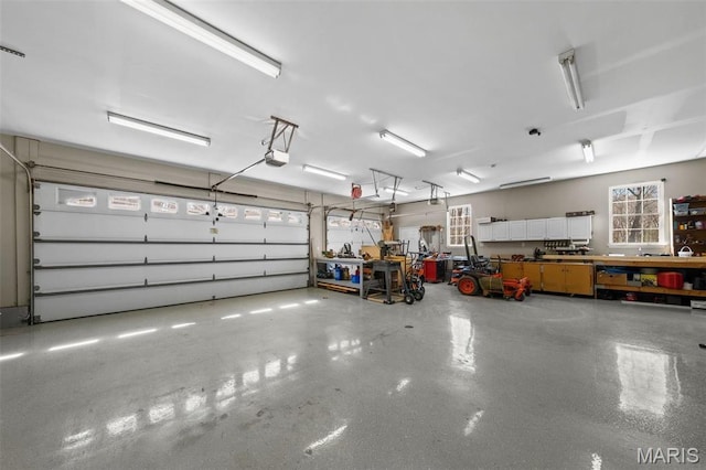 garage with a garage door opener and a workshop area