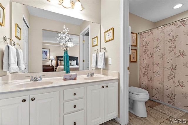 full bath featuring double vanity, toilet, ensuite bath, and a shower with shower curtain