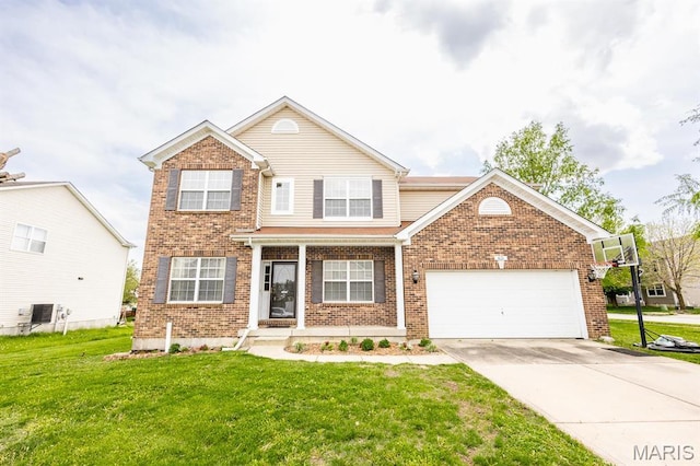 traditional home with brick siding, a front lawn, driveway, and an attached garage