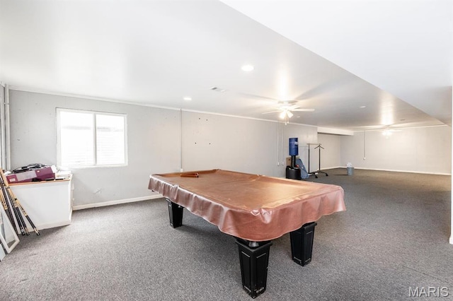 game room featuring carpet, baseboards, ceiling fan, and billiards
