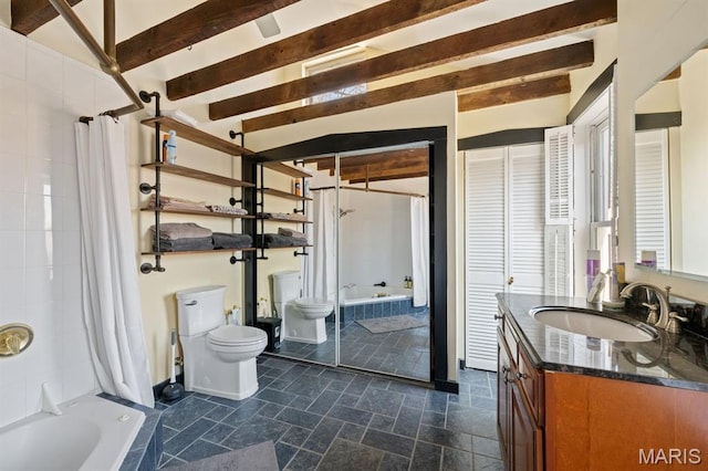 921 Morrison Ave, Saint Louis, MO 63104 - full bath with toilet, tiled shower / bath, beam ceiling, and vanity
