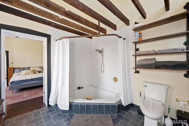 921 Morrison Ave, Saint Louis, MO 63104 - bathroom with toilet, beam ceiling, and tiled shower / bath combo